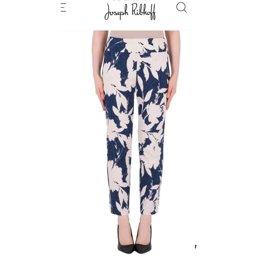 Joseph Ribkoff 191752 Floral Print Cropped Pants‎ Jacquard Blue Size 8
